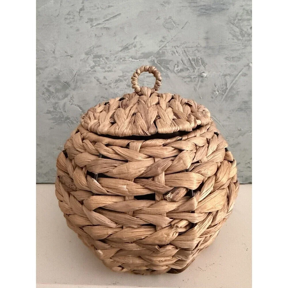 Woven Bee Hive Wicker Basket w/Lid Inner Container Rustic Boho Storage Decor